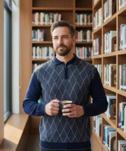 چندلایه بافتنی با طرح بافت الماس و یقه گلابی زیپ‌دار ویژه مردانه، بافتنی ضد پرز، مخصوص فصل زمستان برند Kamalı - 354029762