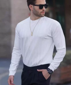 کاپشن یقه گرد راه راه با آستین بلند سفید 7244 برند Madmext - 850856057