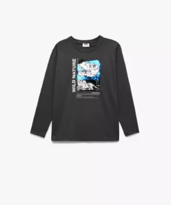 تیشرت پنبهای با طراحی دایناسور و آستین بلند، یقه گرد و تزئینات پولکی برند Koton - 971658878