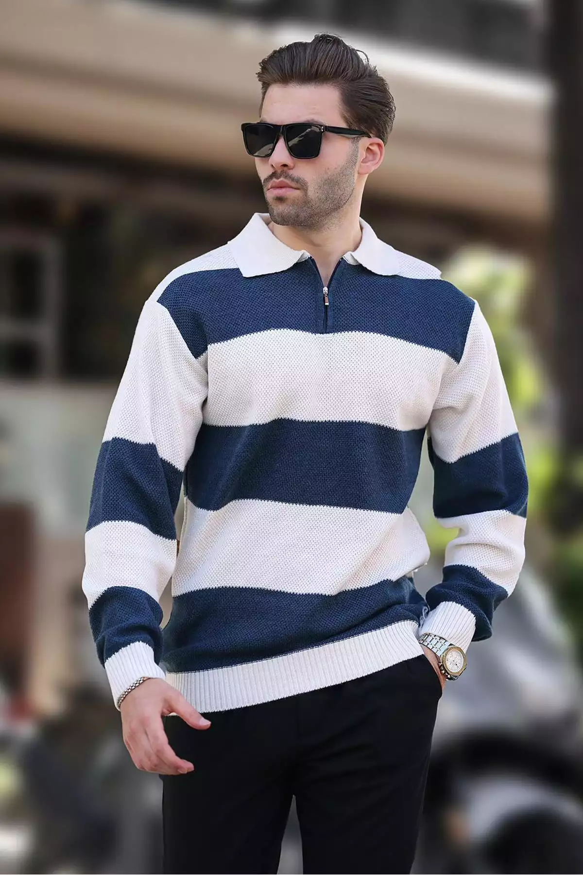 ژاکت با زیپ، یقهدار، با رنگهای بلوکدار و آستینهای بلند 7280 برند Madmext - 857645679