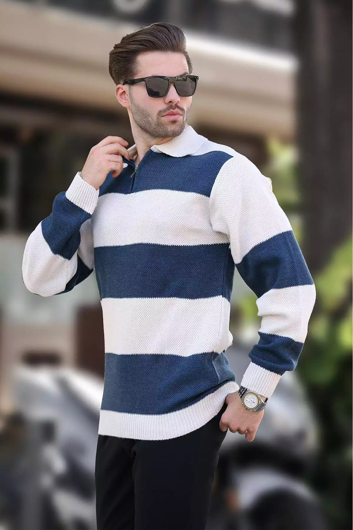 ژاکت با زیپ، یقهدار، با رنگهای بلوکدار و آستینهای بلند 7280 برند Madmext - 857645679