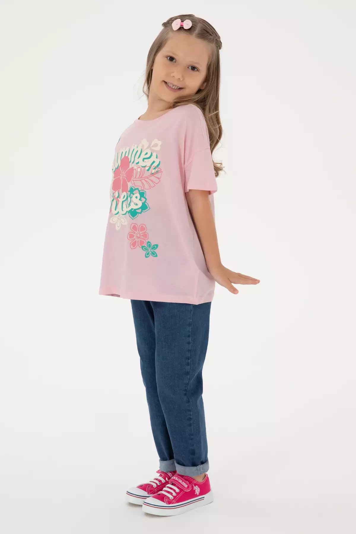 تیشرت نخی طرحدار یقه گرد راحتی برای دختران با رنگ صورتی روشن 50306203-VR078 برند U.S. Polo Assn. - 941914958