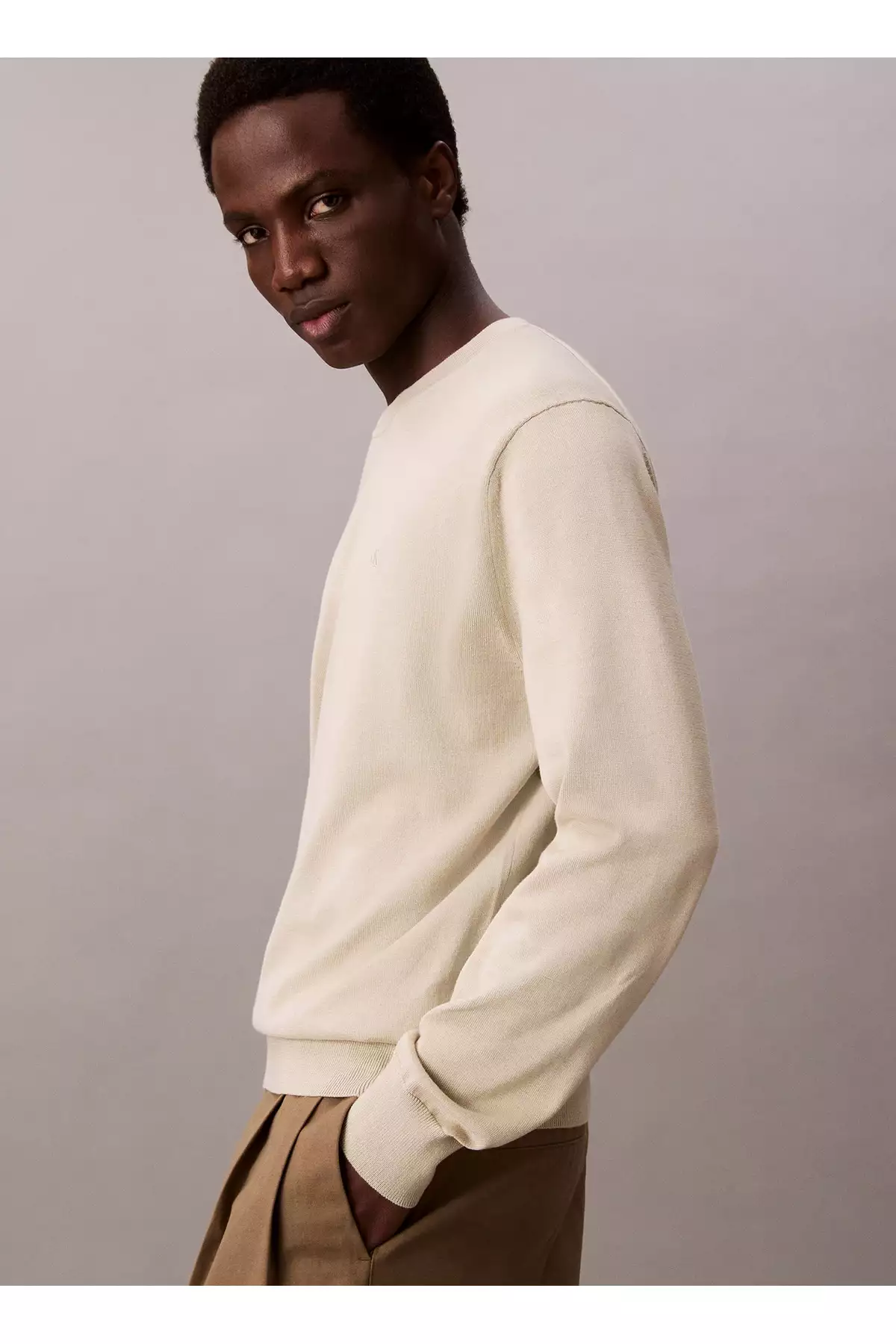 ژاکت مردانه با یقه حلقهای معمولی رنگ خاکی LV040BM343LL5_LS از الیاف سوپیما کتان برند Calvin Klein - 968770986