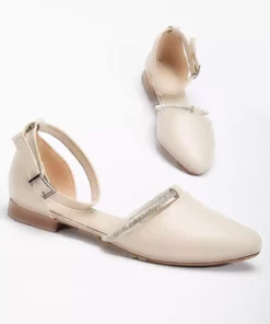 کفش باله زنانه با جزئیات سنگی و بند دور مچ به رنگ کرم برند Tonny Black - 942368582