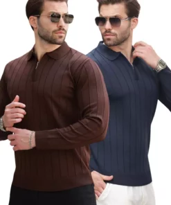 پولوشرت یقه دار قهوه‌ای/سرمه‌ای با زیپ، بسته ۲ عددی، بافتنی شماره E7456 برند Madmext - 1026039304