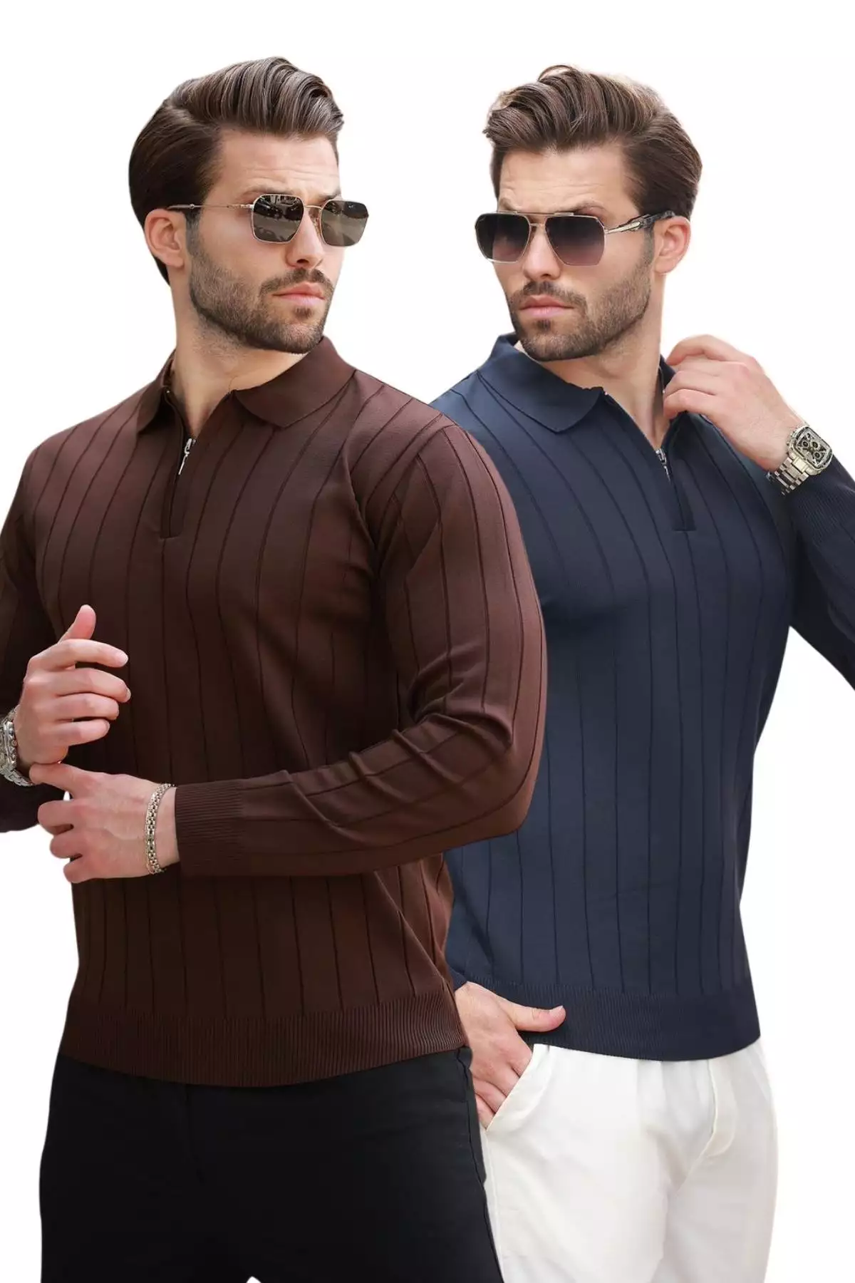 پولوشرت یقه دار قهوهای/سرمهای با زیپ، بسته ۲ عددی، بافتنی شماره E7456 برند Madmext - 1026039304