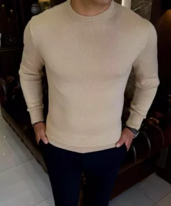 پلیور بافت مردانه کرم رنگ با یقه گرد و طراحی slim fit به سبک ایتالیایی T13133 برند TerziAdemAltun - 894985199