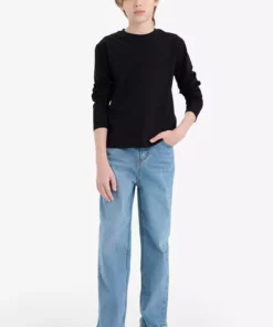 تی‌شرت مدرسه‌ای آستین بلند یقه گرد پنبه‌ای مشکی برای پسر بچه‌ها برند Defacto - 208270908