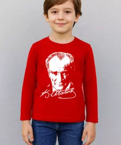 تیشرت کودکانه قرمز با آستین بلند و طرح اتا تورک - 100% پنبه برند nacar çarşı - 981988007