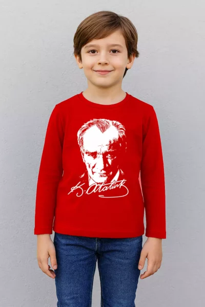 تی‌شرت کودکانه قرمز با آستین بلند و طرح اتا تورک - 100% پنبه برند nacar çarşı - 981988007