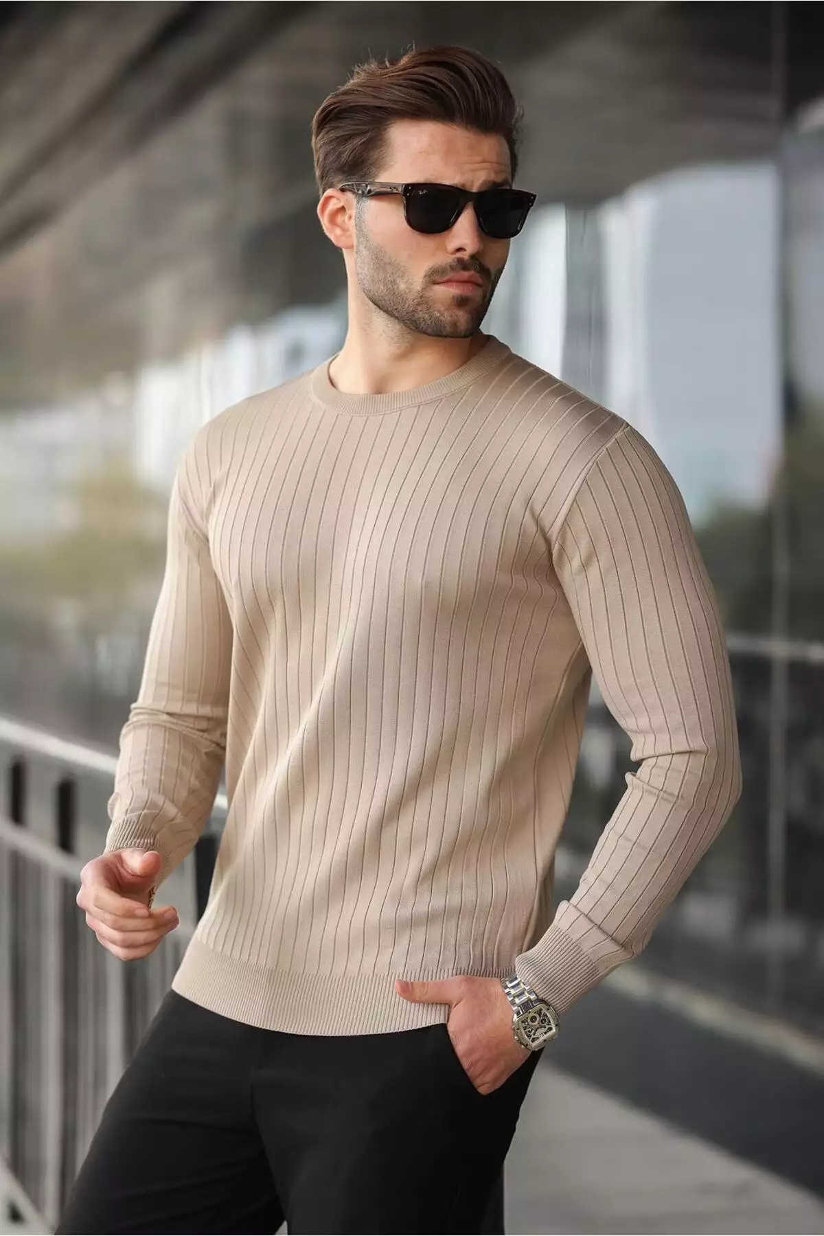 بلوز گرد گردن راهدار بلند آستین قهوهای روشن E7273 برند Madmext - 1027458892