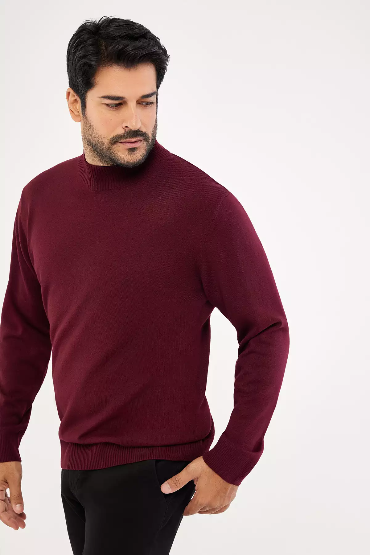 ژاکت بافتنی نیمه یقهدار مردانه استاندارد فیت با پارچه بدون پرز رنگ زرشکی برند Altınyıldız Classics - 349584549