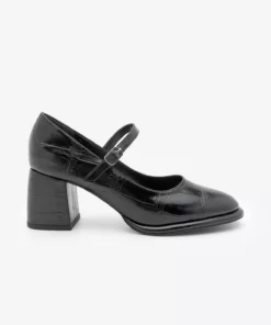 کفش روزمره زنانه مدل لوفر با بند نازک و پاشنه ضخیم، رنگ سیاه کروکو برند Marjin - 996347790