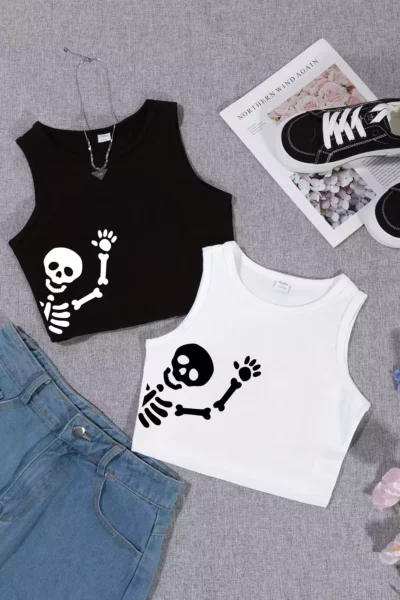 ست تیشرت کروپ دو عددی با طرح اسکلت برای دختران 23466-1 23466 برند TARZ STİL - 951496049