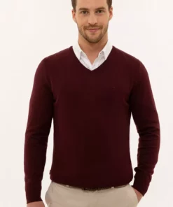 ژاکت بافتنی ساده مردانه مدل V یقه، رنگ bordo و فیت اسلیم برند Pierre Cardin - 57542129