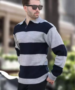 ژاکت طوسی با یقه زیپ و رنگهای بلوکه شده با آستین بلند 7280 برند Madmext - 857613629