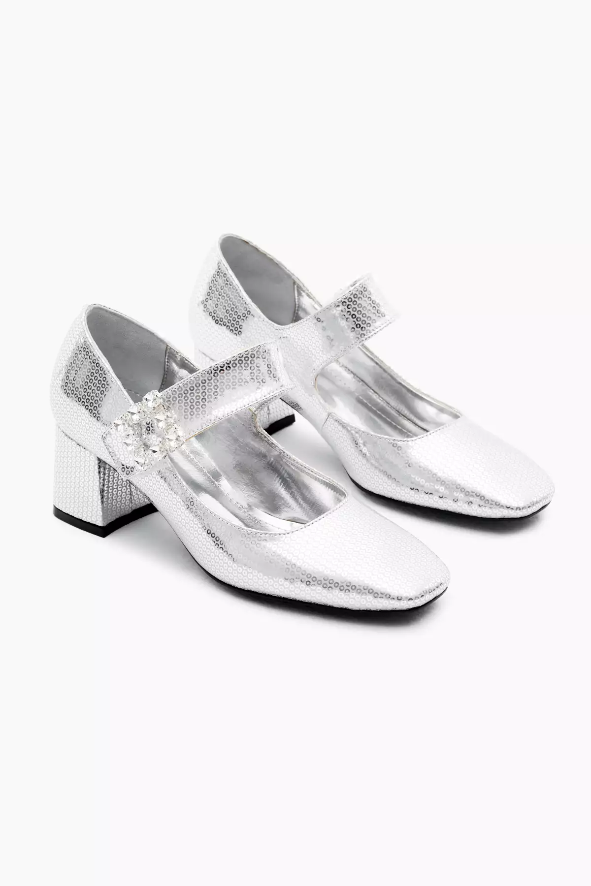 کفش پاشنهدار زنانه نقرهای با بند چسبی و الگوی پایه نئو لیت همراه با گیره سنگی برند Tonny Black - 872924706