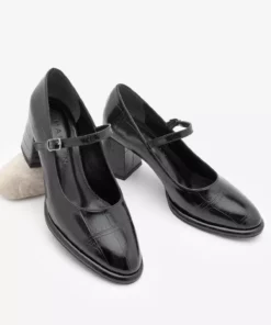 کفش روزمره زنانه مدل لوفر با بند نازک و پاشنه ضخیم، رنگ سیاه کروکو برند Marjin - 996347790