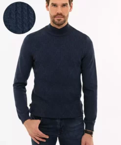 ژاکت بافت آبی تیره ملانژ یقه نیمه ایستاده مناسب آقایان برند Pierre Cardin - 57542338