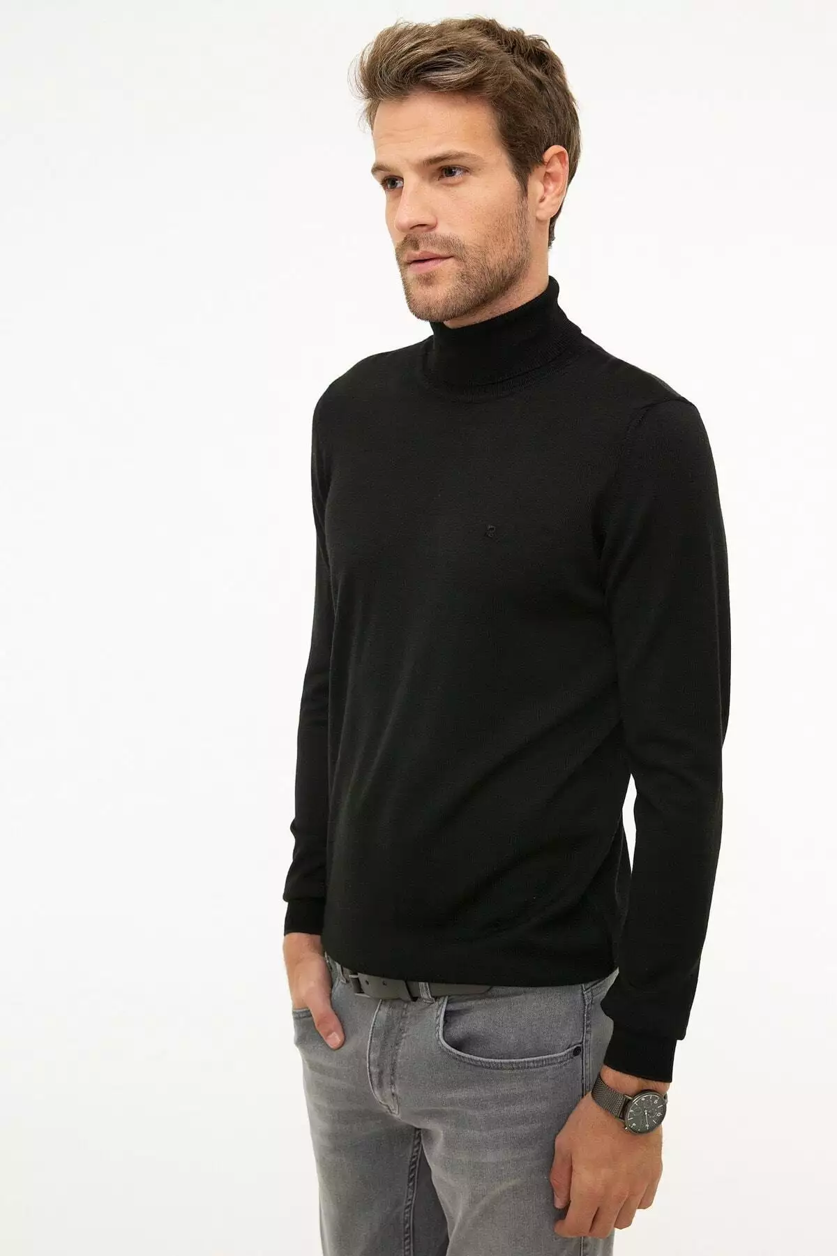 پلیور مردانه مشکی فیت نازک با یقه اسکی برند Pierre Cardin - 31630846