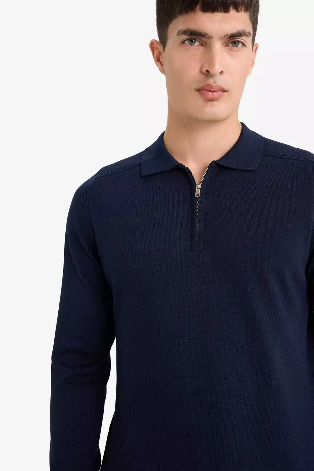 پلیور یقهپولویی با زیپ و برش استاندارد رنگ سرمهای مدل D0621AX24AU برند Defacto - 859466161