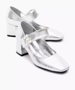 کفش پاشنه‌دار زنانه نقره‌ای با بند چسبی و الگوی پایه نئو لیت همراه با گیره سنگی برند Tonny Black - 872924706