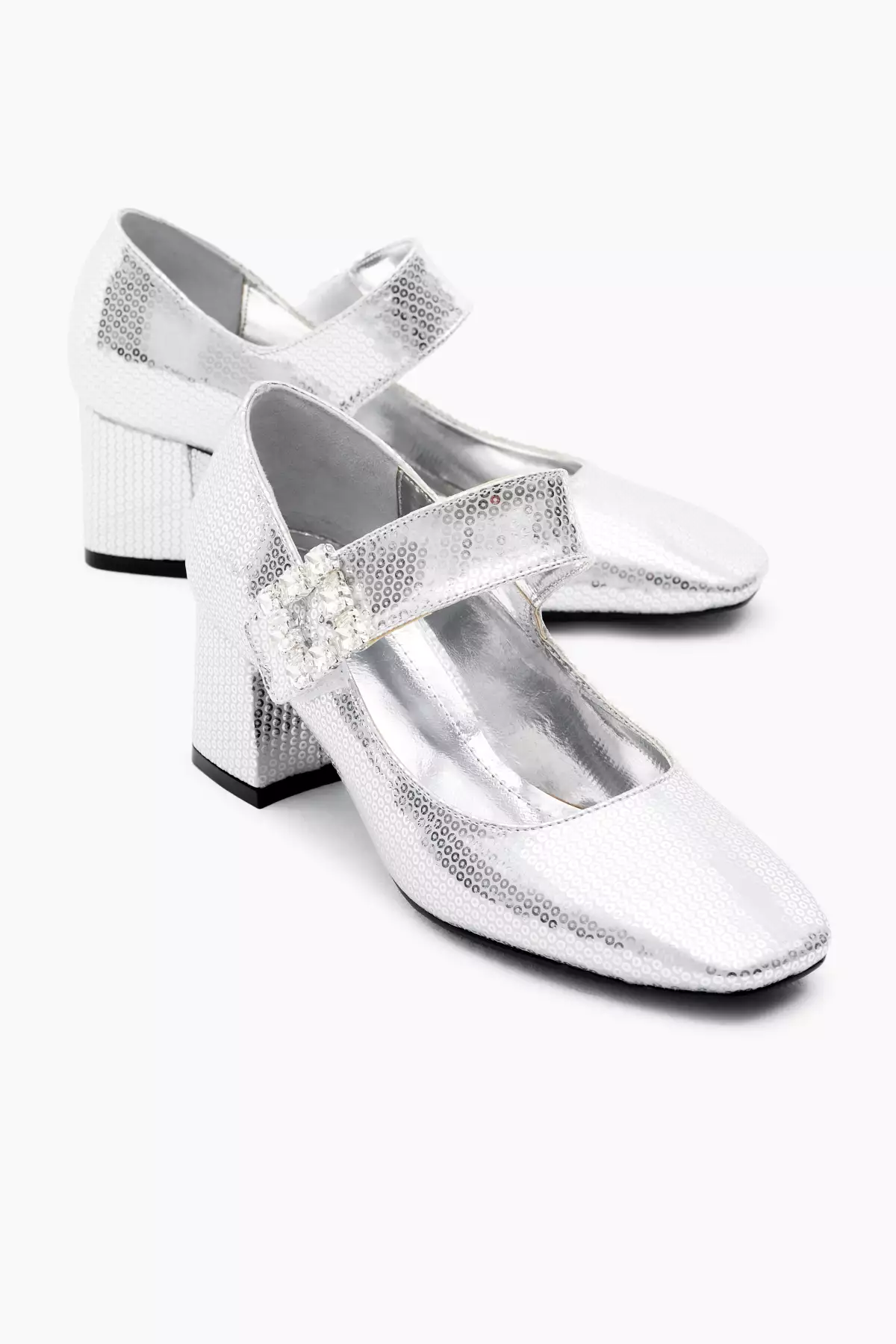 کفش پاشنهدار زنانه نقرهای با بند چسبی و الگوی پایه نئو لیت همراه با گیره سنگی برند Tonny Black - 872924706