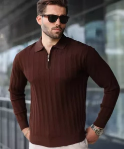 کاپشن با یقه پولو و زیپ نیمهای قهوهای رنگ مدل E7426 برند Madmext - 1015884563