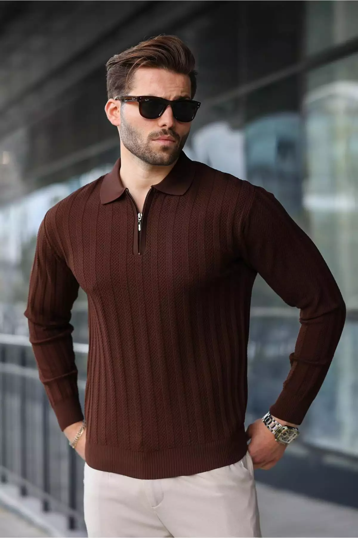 کاپشن با یقه پولو و زیپ نیمهای قهوهای رنگ مدل E7426 برند Madmext - 1015884563