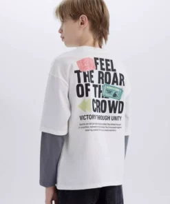 تیشرت آستین بلند سایز بزرگ با یقه گرد و طرح چاپی روی پشت برای پسران D7702A825SP برند Defacto - 888613715