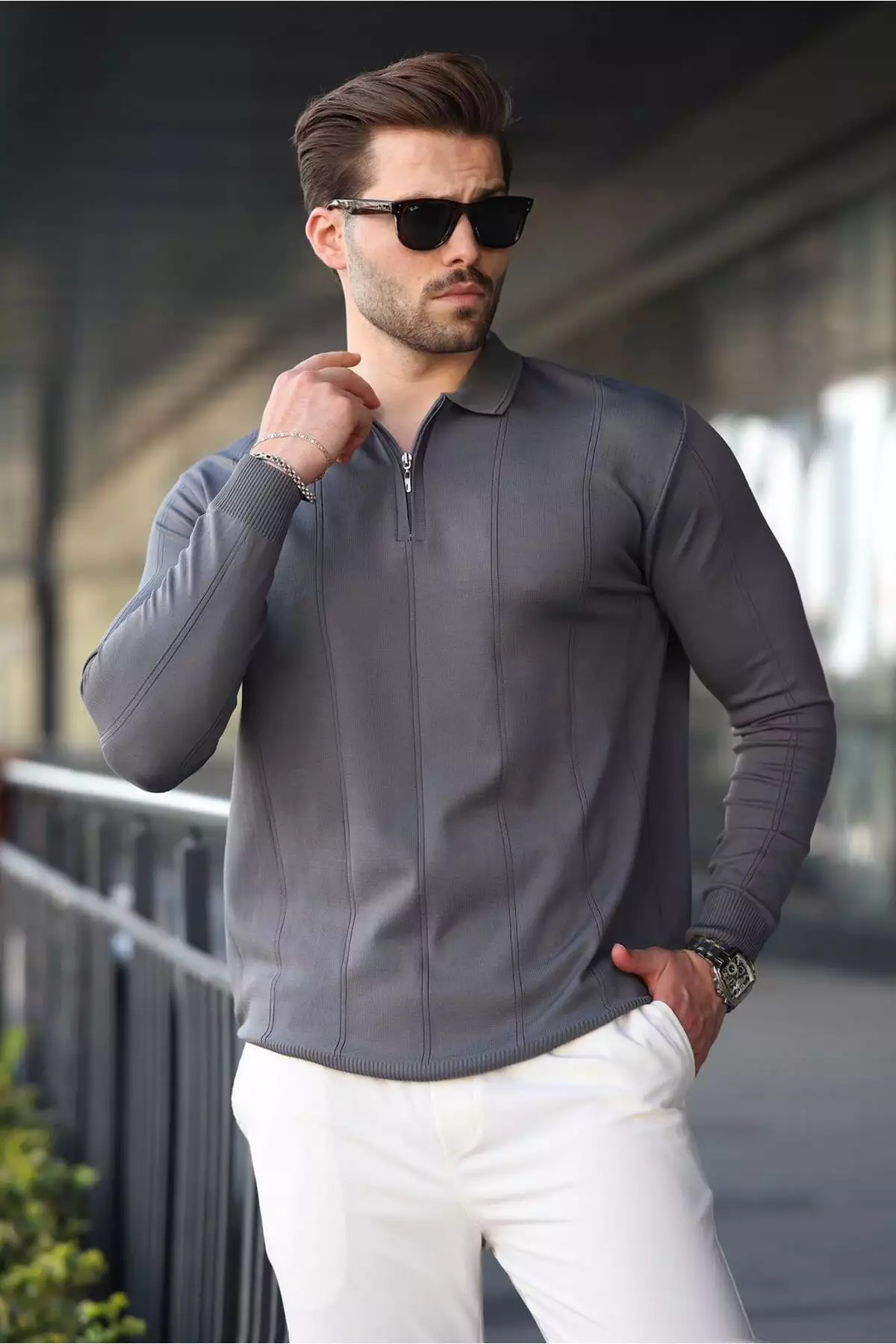 کلاهخود پولو یقه زیپی مردانه آنتراسیت E7427 برند Madmext - 986537072