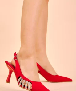 کفش پاشنه‌بلند سرپنجه‌ای زنانه سری شب قرمز با تزئینات سنگی کناری برند Tonny Black - 659934952