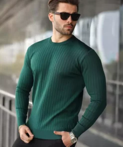 پلیور راه‌راه یقه گرد با رنگ سبز نفتی و آستین‌های بلند مدل E7273 برند Madmext - 1027458876