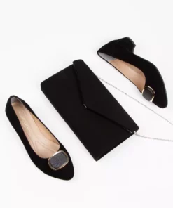 مدل کیف و کفش روزمره زنانه با پاشنه کوتاه و طراحی شیک، دارای بند، به رنگ مشکی از جنس جیر. برند MFT AYAKKABI - 675176209