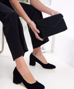 ست کیف و کفش زنانه با کفش پاشنه بلند 5 سانتیمتری چرم جیر مشکی برند La Vivien - 815857393