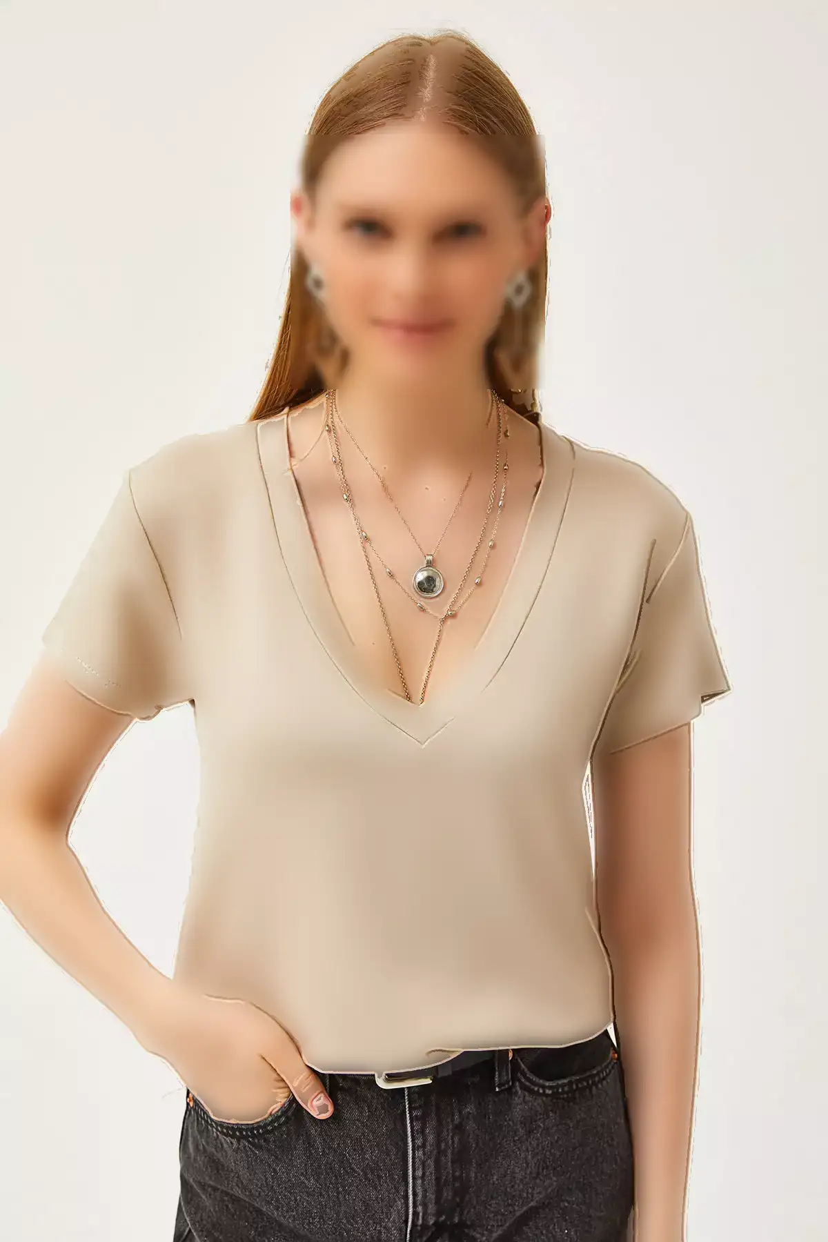 تیشرت دخترانه با یقه V عمیق و رنگ بژ مدل مودال TSH-19000773 برند Olalook - 818100707