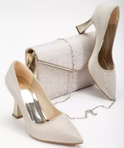 ست کیف و پاشنه بلند ضخیم ویژه تولید به رنگ طلایی برند MFT AYAKKABI - 860399199