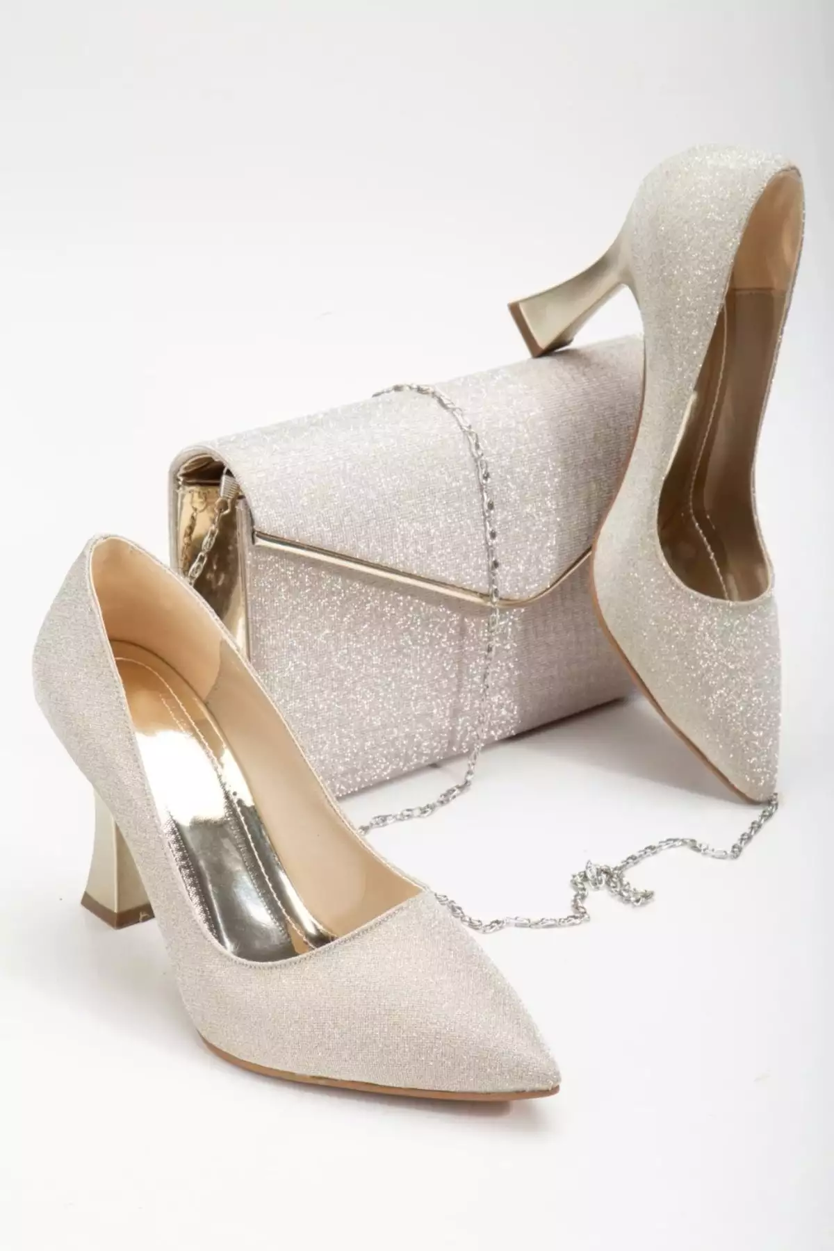 ست کیف و پاشنه بلند ضخیم ویژه تولید به رنگ طلایی برند MFT AYAKKABI - 860399199