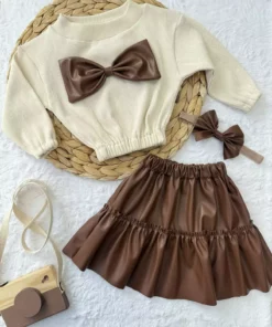 ست دخترانه و نوزادی شامل دامن چرمی، بلوز با پاپیون و باندانا برند AKİF GİYİM - 892373044