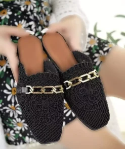 زنان جلو بسته گلیمی صندل مشکی با چین بافی و زنجیر، صندل روزمره خنک برند Modafırsat - 715845658