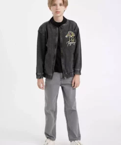 ژاکت بمبئی جین با یقه کالج و زیپ، مخصوص پسران، با جیب و طرح‌های فصلی مدل C3685A824AU برند Defacto - 854025996