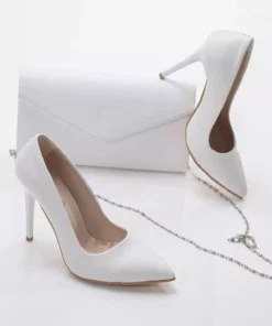 ست کیف و کفش پاشنه بلند نازک زنانه با چرم سفید برند GULT - 167347279