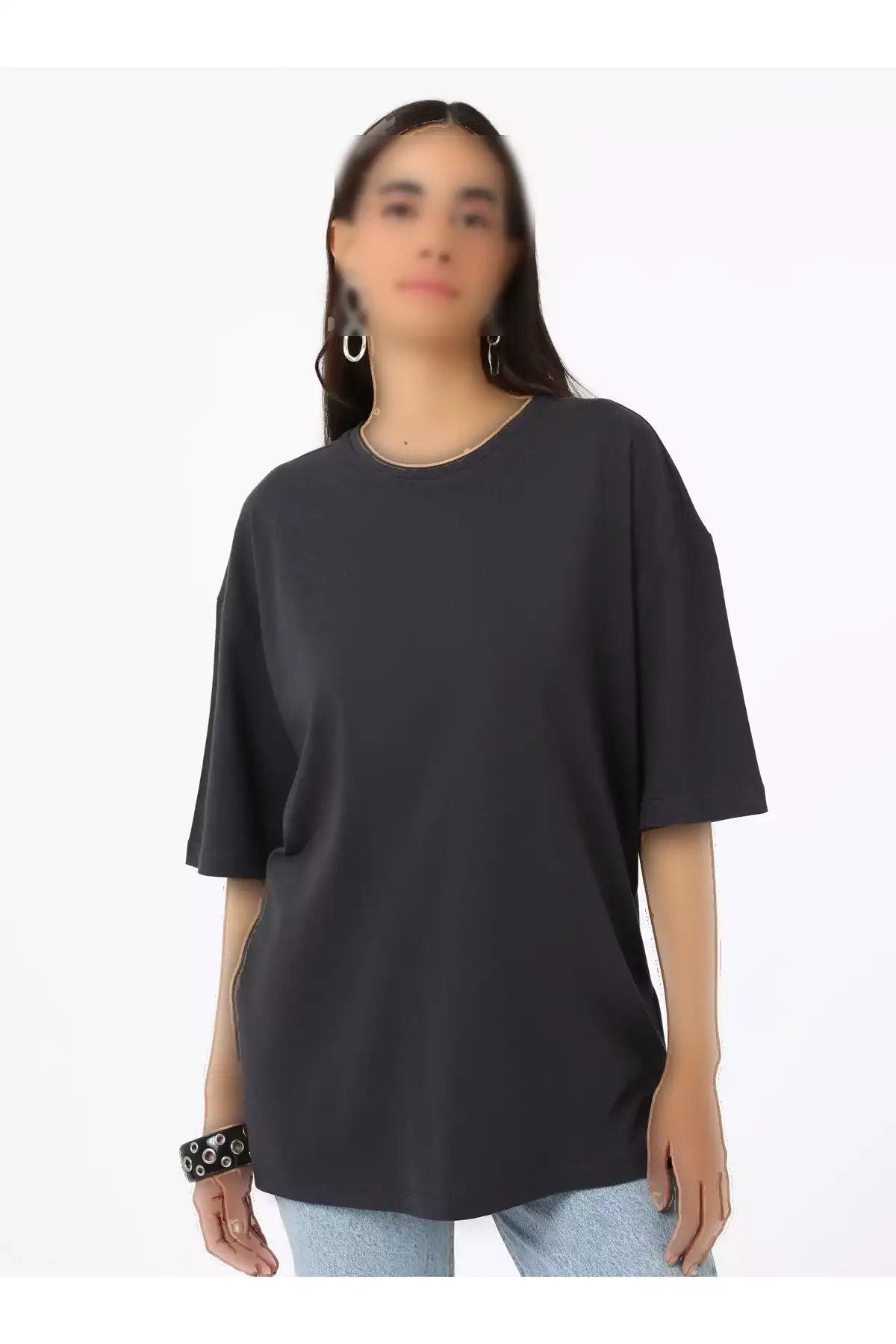 تیشرت زنانه آستین افتاده با یقه بیسیک - آنترسیت - رفکا برند Refka - 942587028