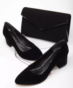 ست کیف و کفش زنانه با کفش پاشنه بلند 5 سانتی‌متری چرم جیر مشکی برند La Vivien - 815857393