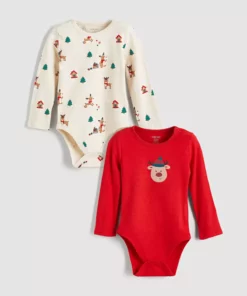 بلوز دخترانه با طرح گوزن و آستین بلند برای نوزاد پسر با دکمه‌های فشاری برند LC Waikiki - 1047594775