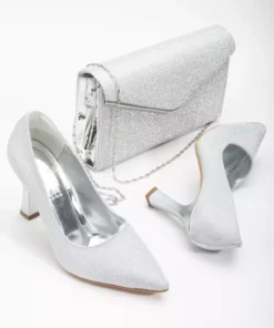 ست کیف و کفش زنانه با پاشنه 9 سانتی‌متر کلفت و طراحی ویژه از جنس نقره‌ای برند mermaid shoes - 861010390