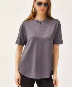 تی‌شرت oval با پارچه نرم مدل زنانه رنگ خاکستری تیره TSH-19000771 برند Olalook - 802042322