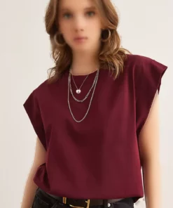 تیشرت زنانه یقه باز و آستین چاکدار رنگ بوردا مدل TSH-19000330 برند Olalook - 921280183