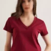 تی‌شرت زنانه یقه V با رنگ bordo و طرح برقی TSH-19000396 برند Olalook - 897646279