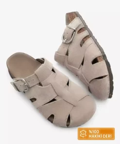 زنانه دمپایی روزمره مخملی جلوقبلا بسته از چرم طبیعی رنگ بژ برند Marjin - 897878375